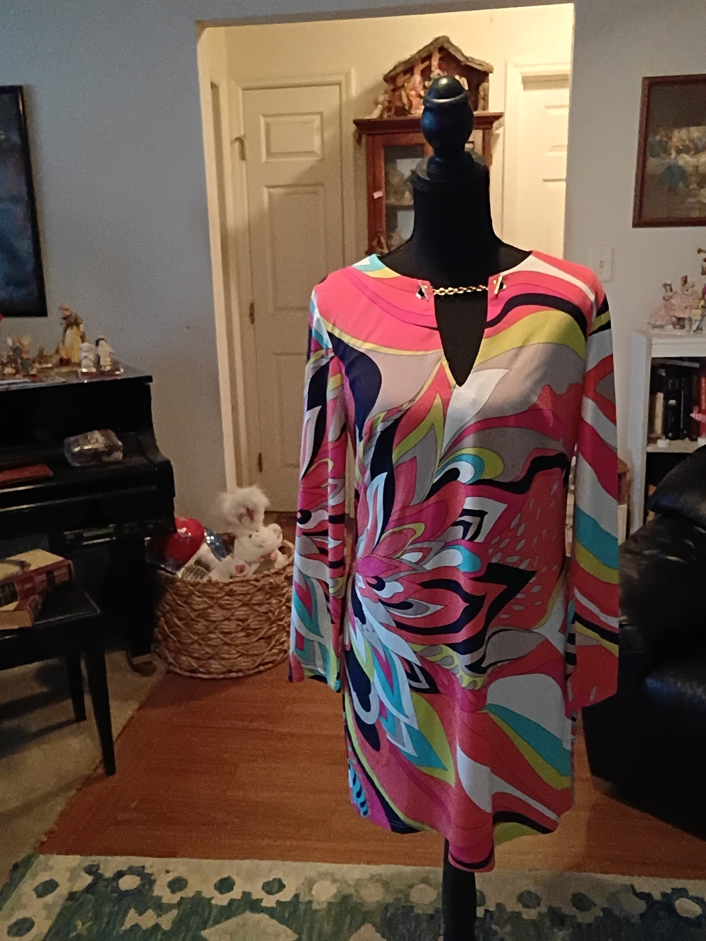 Trina Turk Pink Multicolor Keyhole Tunic with Chain Accent